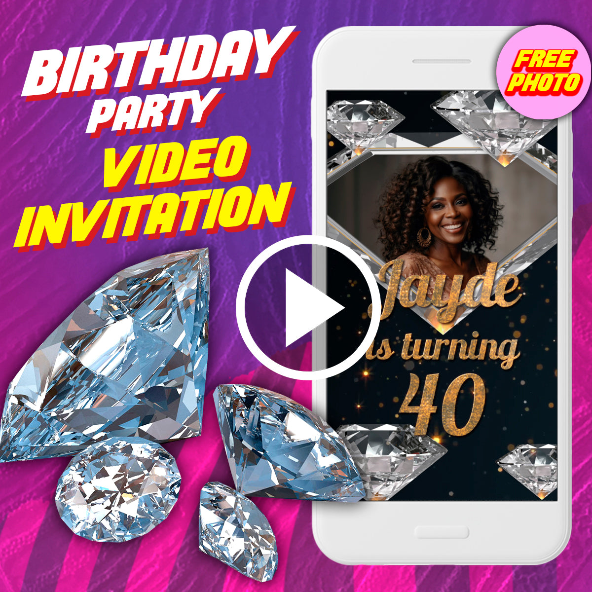 Diamonds birthday party video invitation, black luxurious and elegant digital animated video invite for mobile, gold and silver e invitation