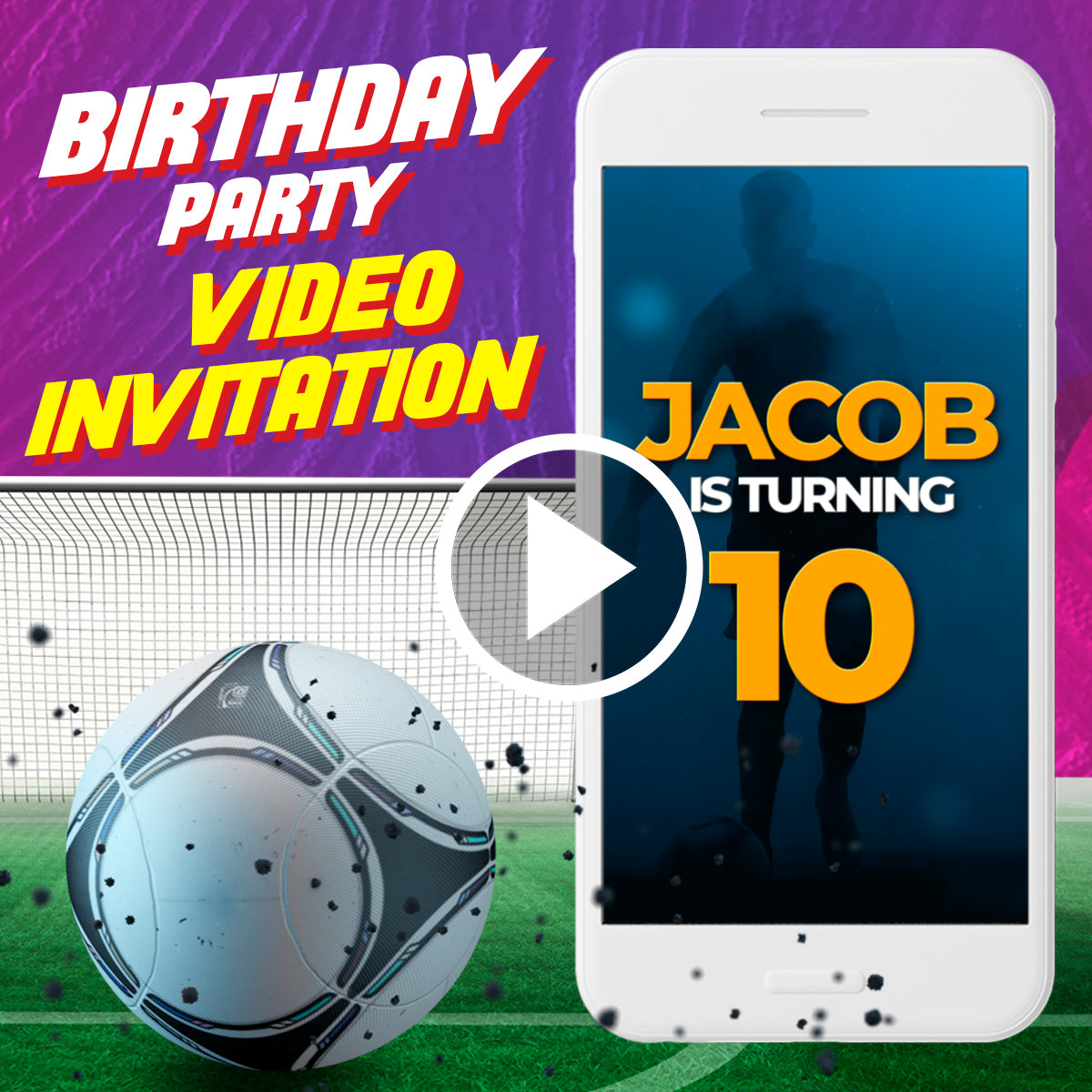 Soccer birthday party video invitation, football digital animated video invite for mobile, sport e invitation