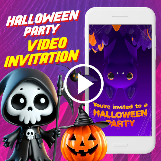 Halloween birthday party video invitation, purple digital animated video invite for mobile, kids e invitation