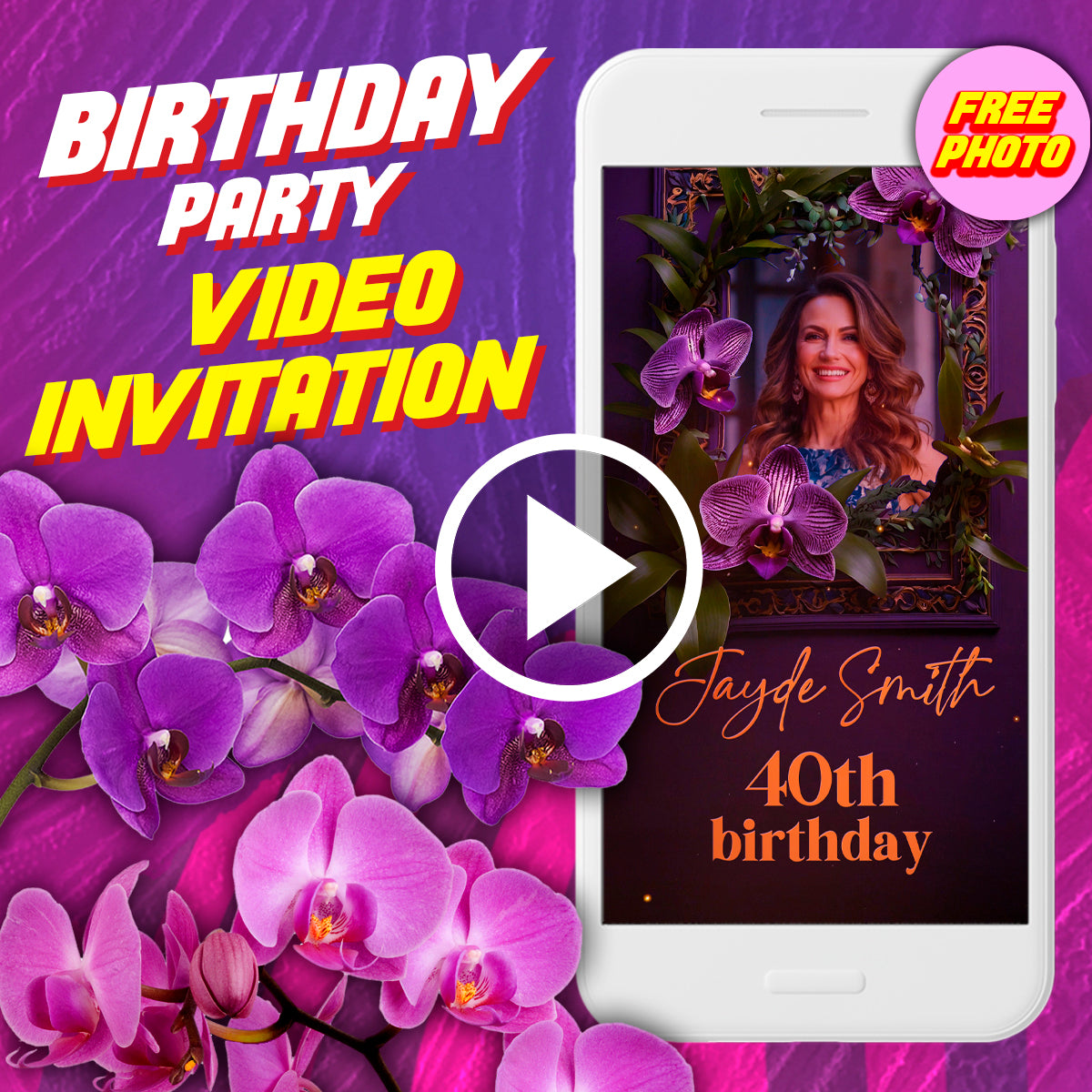 Purple orchids birthday party video invitation, luxurious and elegant digital animated video invite for mobile, flowers adults e invitation