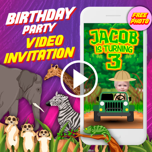 Safari adventure birthday party video invitation, jungle animals digital animated video invite for mobile, kids e invitation