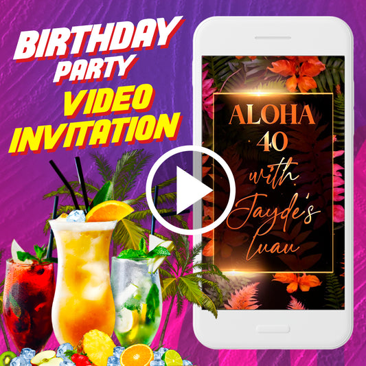 Tropical birthday party video invitation, Hawaii luau digital animated video invite for mobile, luxury and elegant adults e invitation