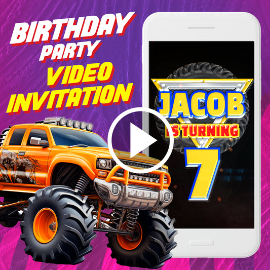 Monster truck birthday party video invitation, monster jam digital animated video invite for mobile, boy e invitation